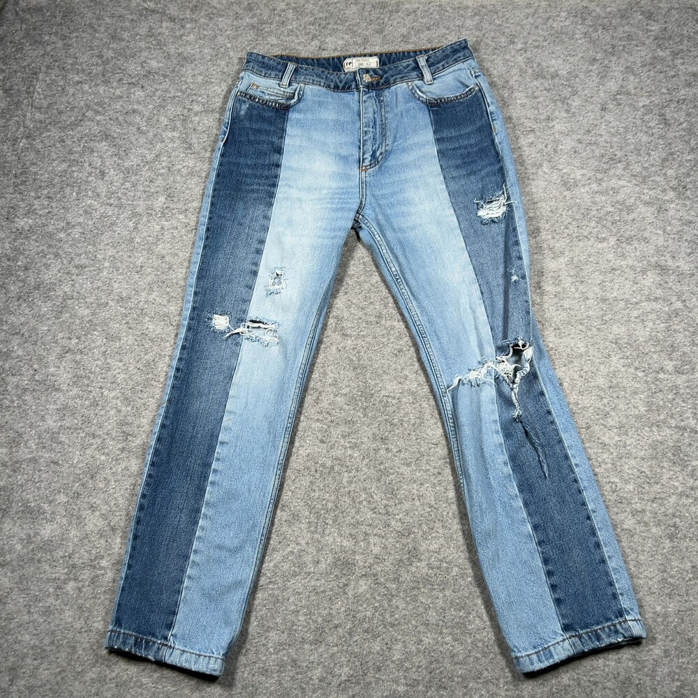 Free People Jeans Womens 27 Light Blue Distressed Straight Leg Two Toned Panels